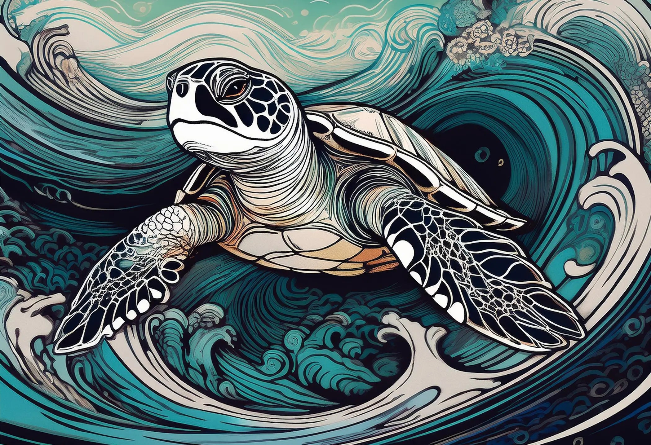 Sea turtle riding stylized Hokusai-inspired waves in blue and earth tones, printed on coastal frameless glass – Echoes of the Sea