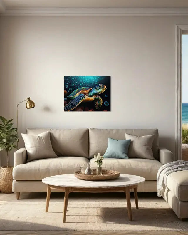 Underwater scene with sea turtle and bubbles coastal glass print, coastal living space decor