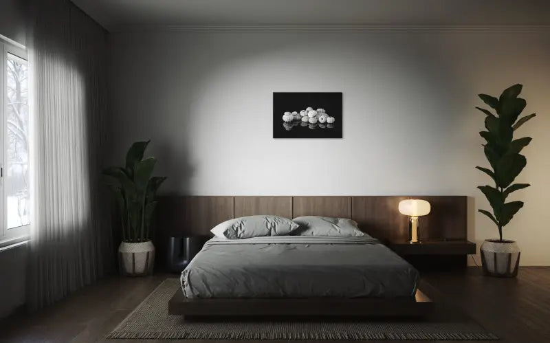 Coastal glass print black and white sea urchins on reflective black background,  for bedroom decor.