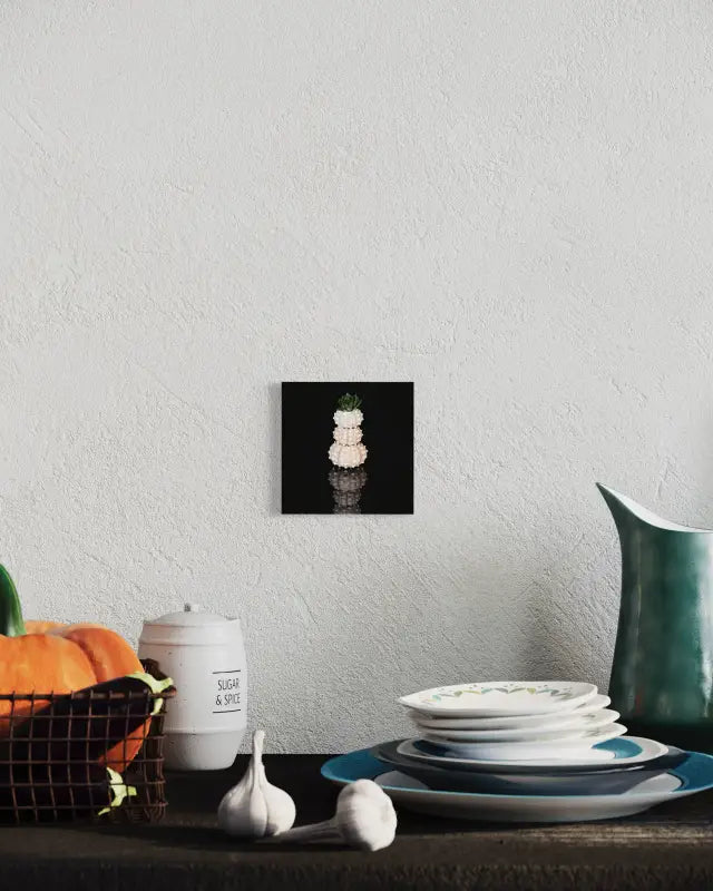 Sea urchins and succulent on black reflective glass, Echoes art