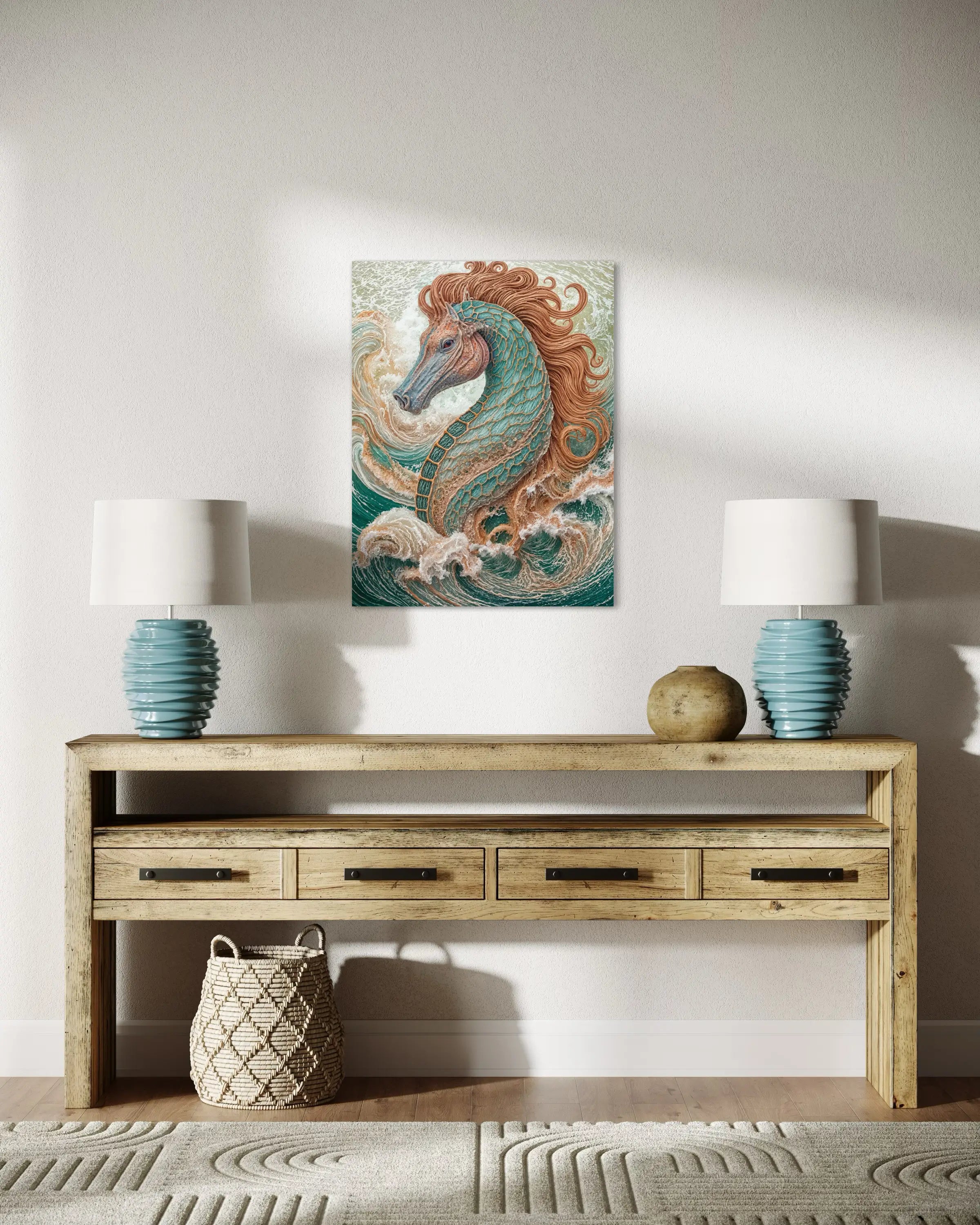 Seahorse coastal glass print with pastel colors and Hokusai waves, perfect for unique beach house wall art