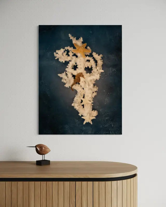 Seahorse glass print with octopus coral and starfish on blue background, coastal home wall decor