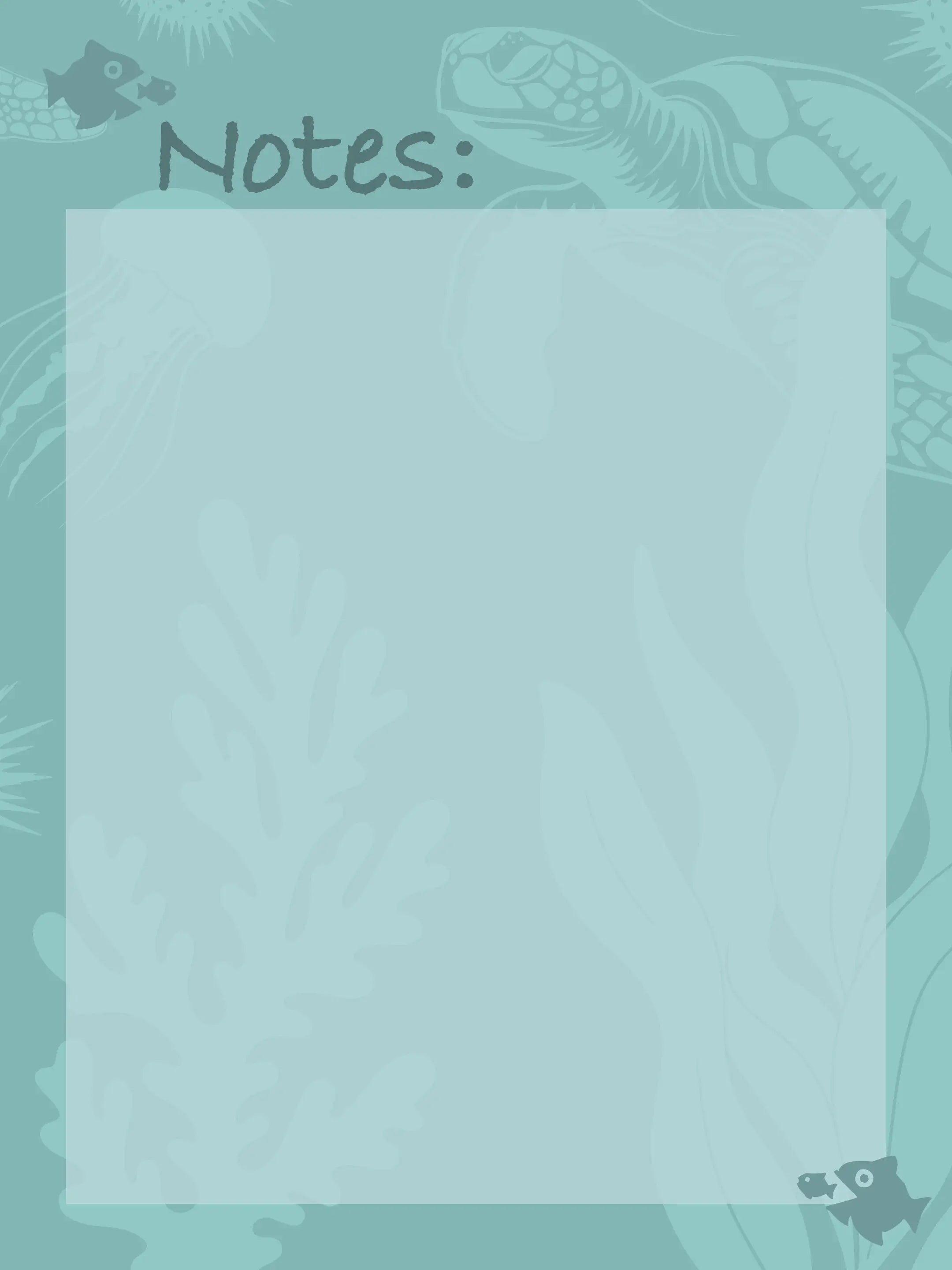 Reusable dry-erase notes board with intricate, tone-on-tone teal design featuring various sealife including a sea turtle, fish, and jellyfish.