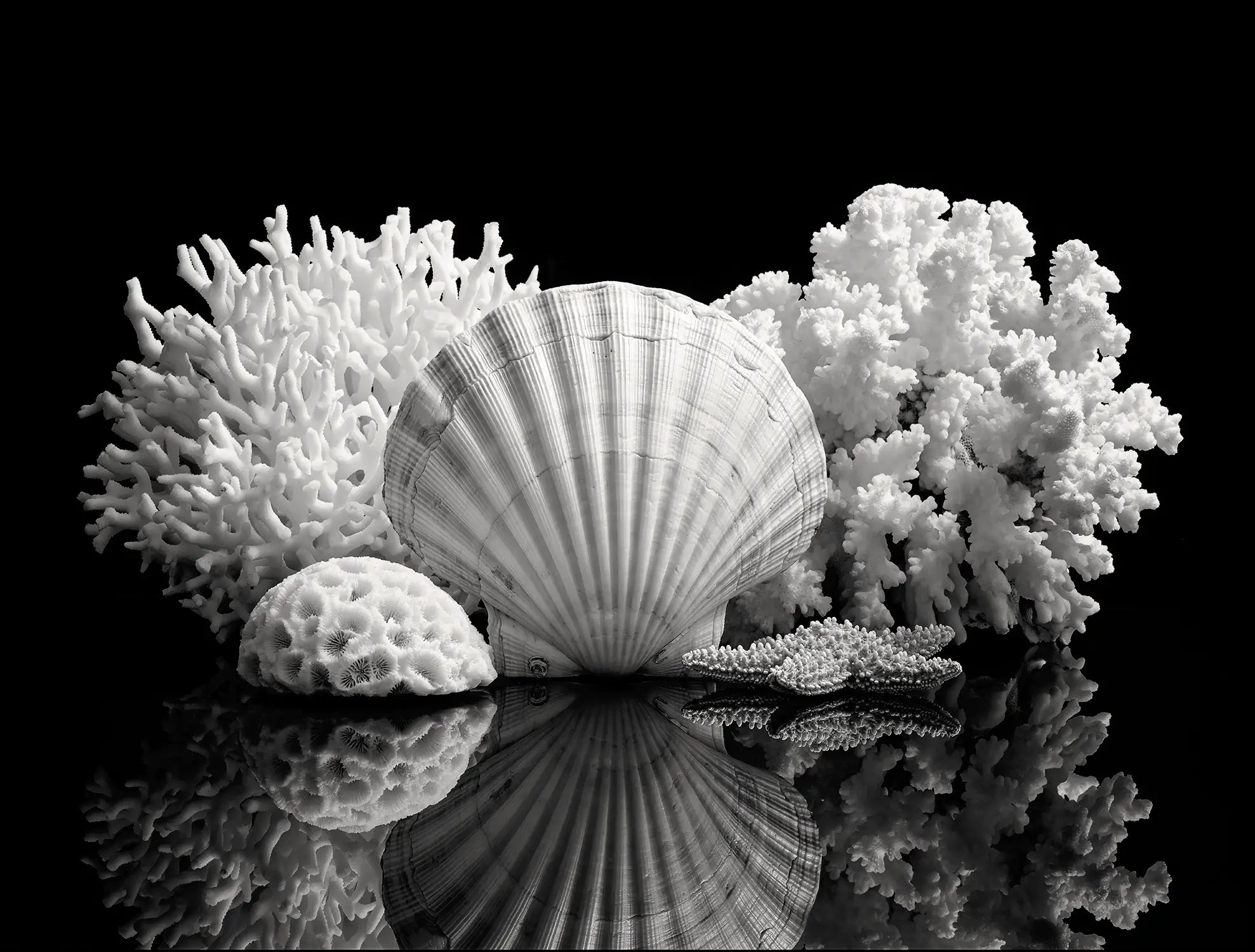 Black-and-white seashell wall art featuring a fan-shaped shell, coral forms, and a starfish reflected against a dark background.