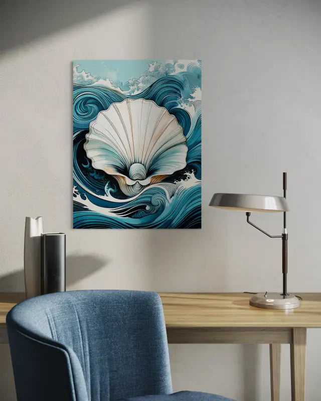 Seashell in Hokusai waves coastal glass art print, coastal wall decor