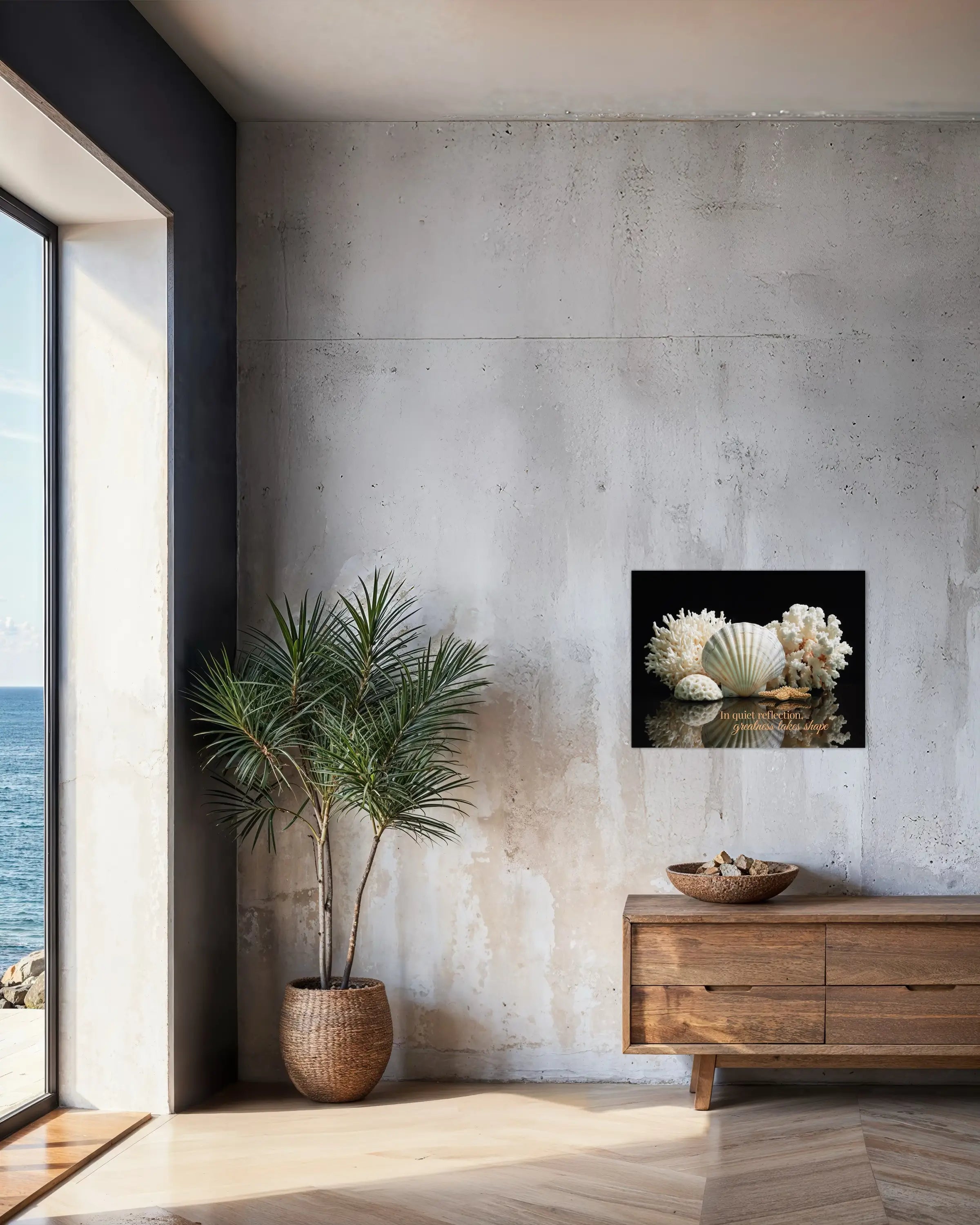 Seashell and coral reflection glass wall art displayed above coastal sideboard – sophisticated nautical décor accent.