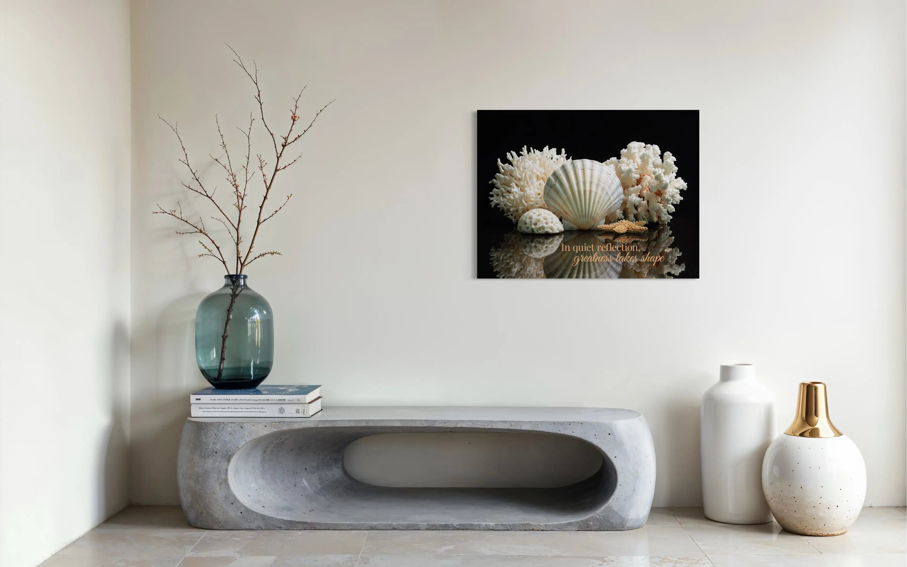 Moody coastal glass print with seashells and coral styled in minimalist entryway décor – ocean-inspired statement wall art.