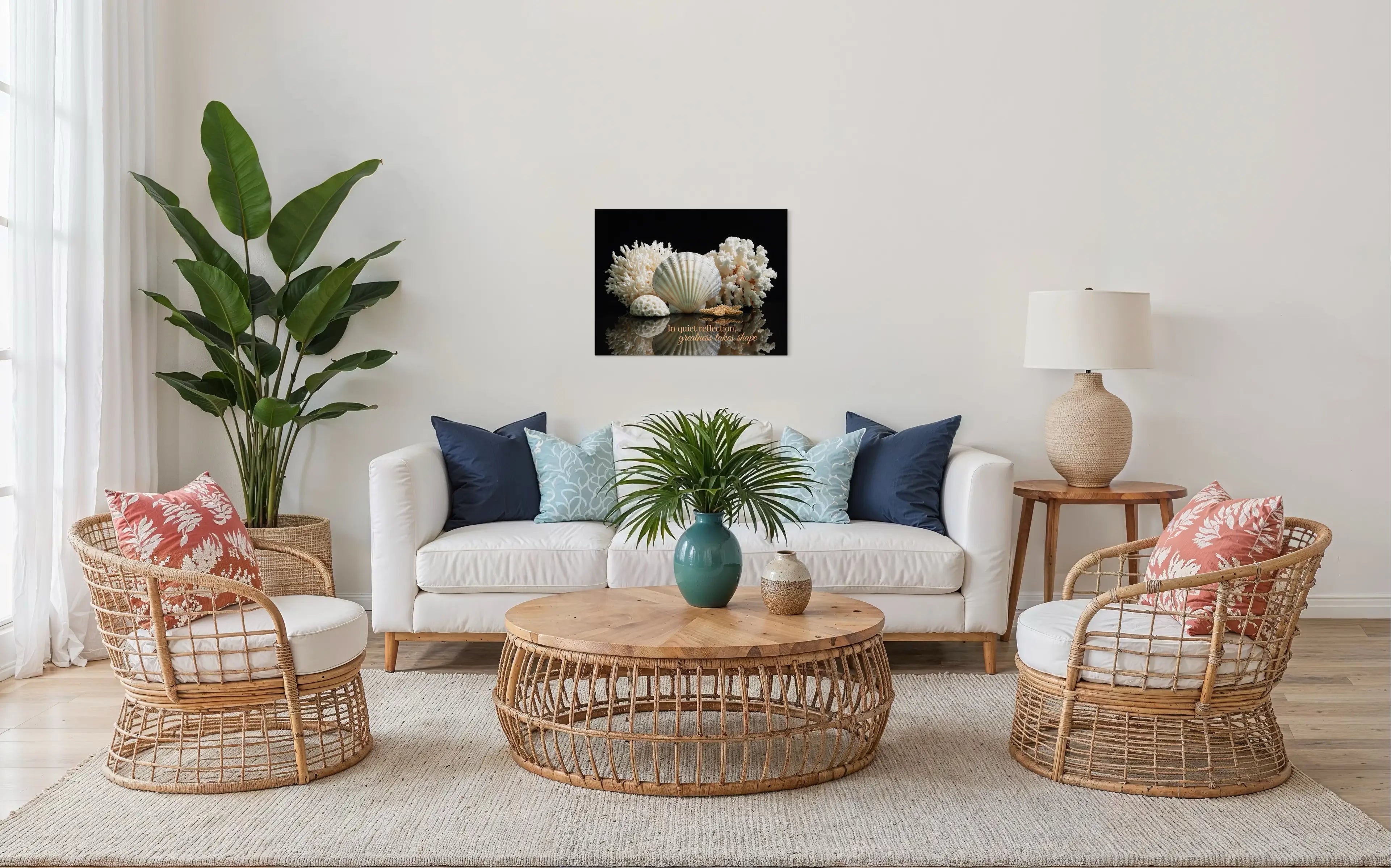 Elegant seashell reflection coastal glass wall art above white sofa – inspirational beach décor for modern living rooms.