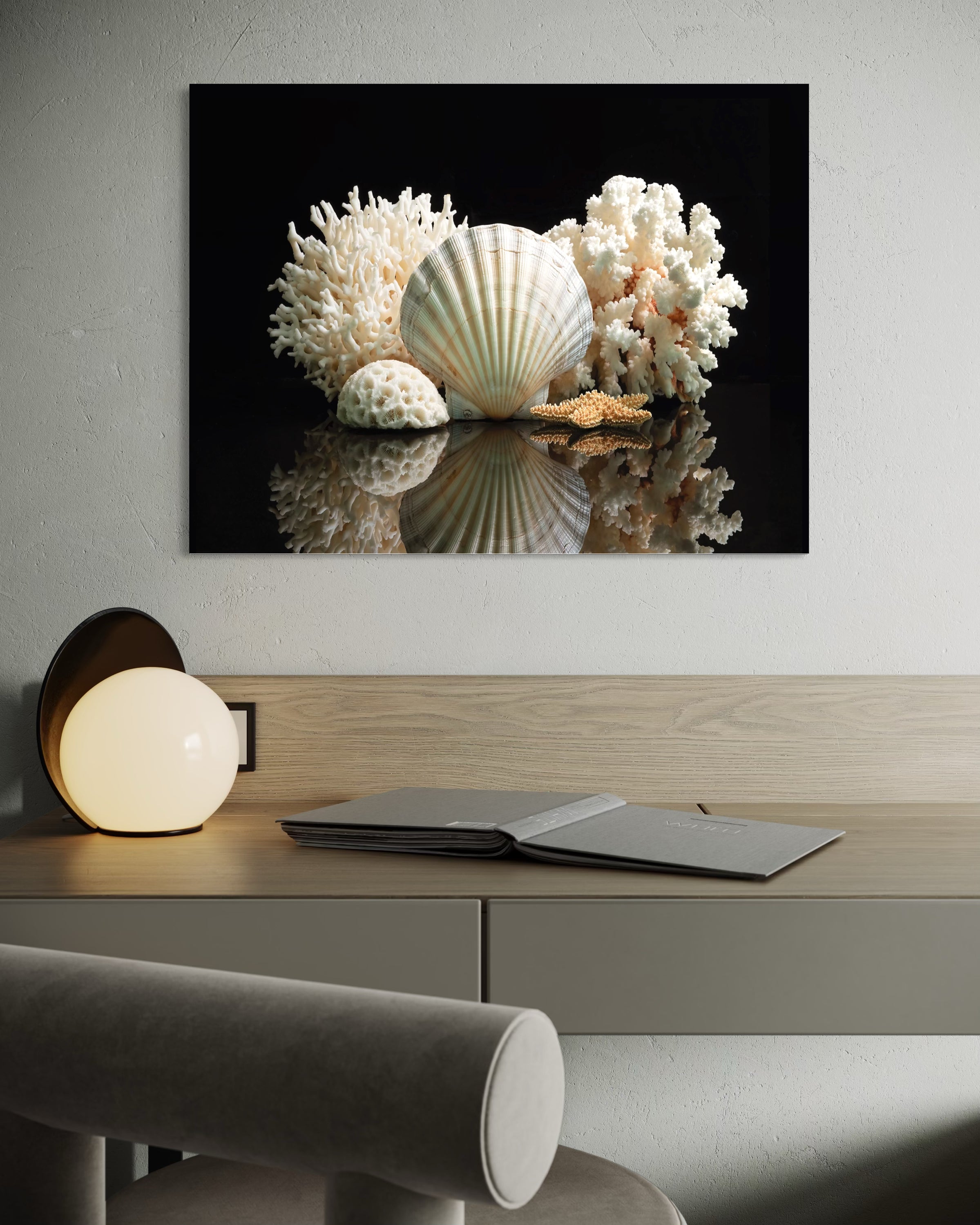 Coastal Glass Print: Seashells a stunning variety of coral and shells on reflective black background above desk