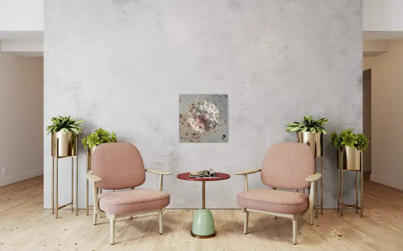 Top-down view of stacked pink sea urchins on terrazzo background, seashell glass print, wall decor