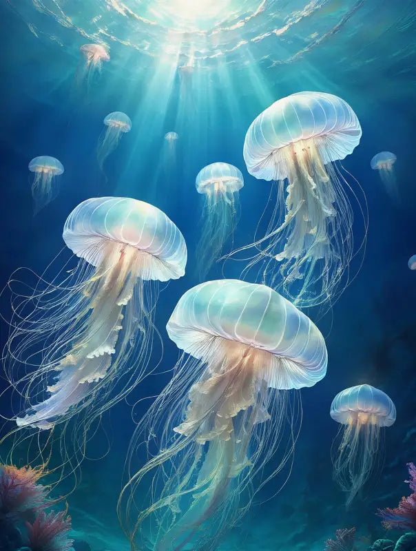 Glass print of bioluminescent jellyfish in turquoise ocean with light rays