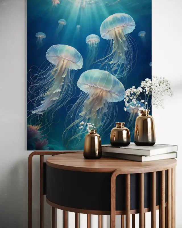 Glass print of bioluminescent jellyfish in turquoise ocean with light rays displayed above table