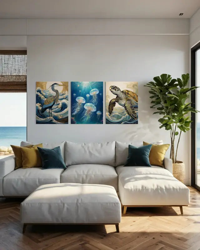 Glass print of bioluminescent jellyfish in turquoise ocean with light rays-coastal room wall gallery