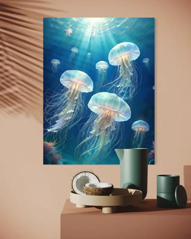 Glass print of bioluminescent jellyfish in turquoise ocean with light rays-tropical decor.