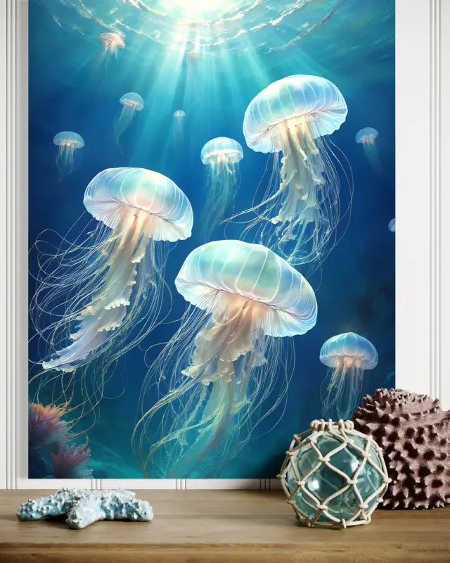 Glass print of bioluminescent jellyfish in turquoise ocean with light rays-above a shelf