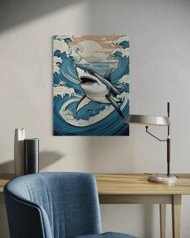 Shark Splash Glass Art Print on eco-friendly glass, vibrant for ocean and kids' room decor displayed over desk.