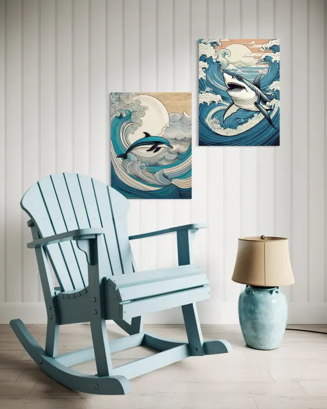 Shark Splash Glass Art Print on eco-friendly glass, vibrant for ocean and kids' room decor-displayed with Echoes Dolphin print.