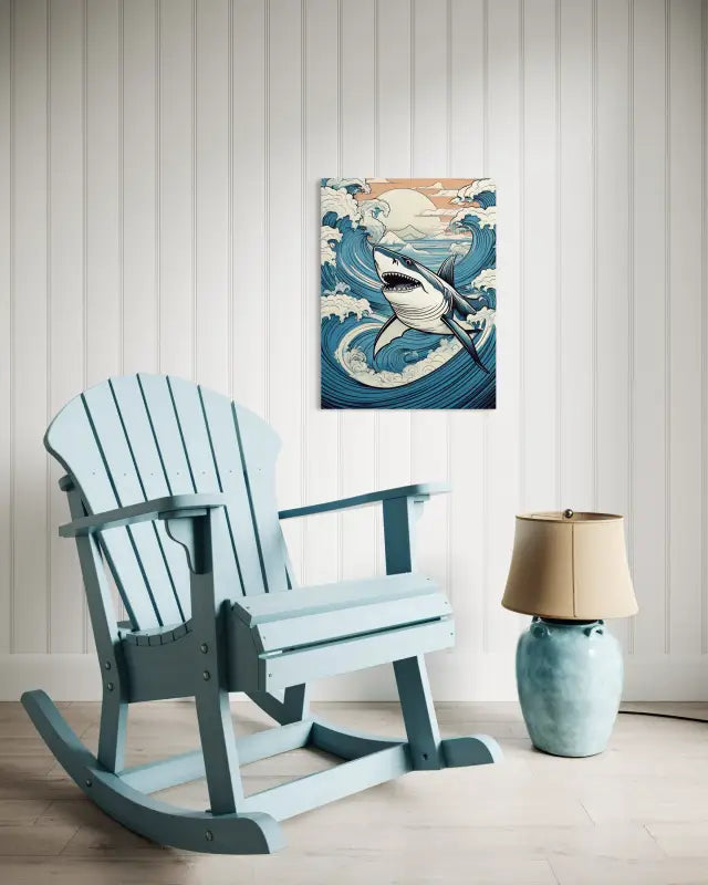 Shark Splash Glass Art Print on eco-friendly glass, vibrant for ocean and kids' room decor-sitting area