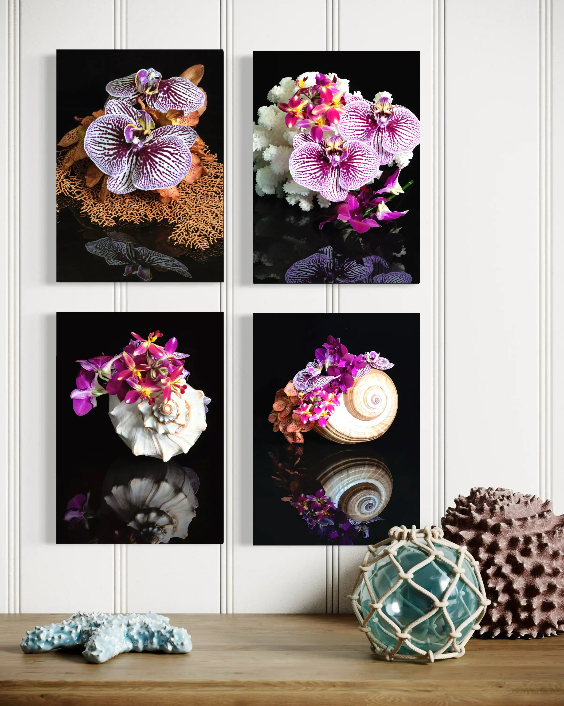 Coastal botanical wall art set of four – orchid and seashell glass prints with coral accents, tropical coastal home decor collection.