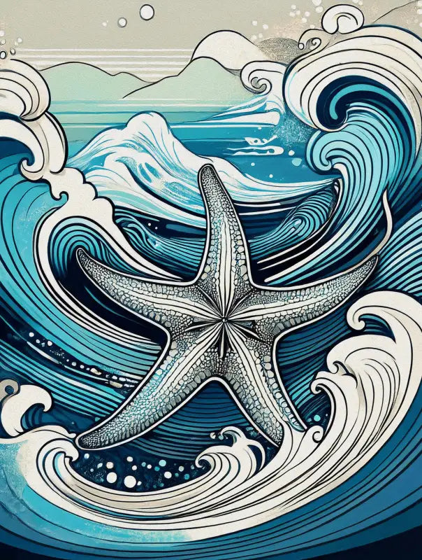 Eco-friendly glass print of a detailed starfish with Ukiyo-e waves from Echoes of the Sea.