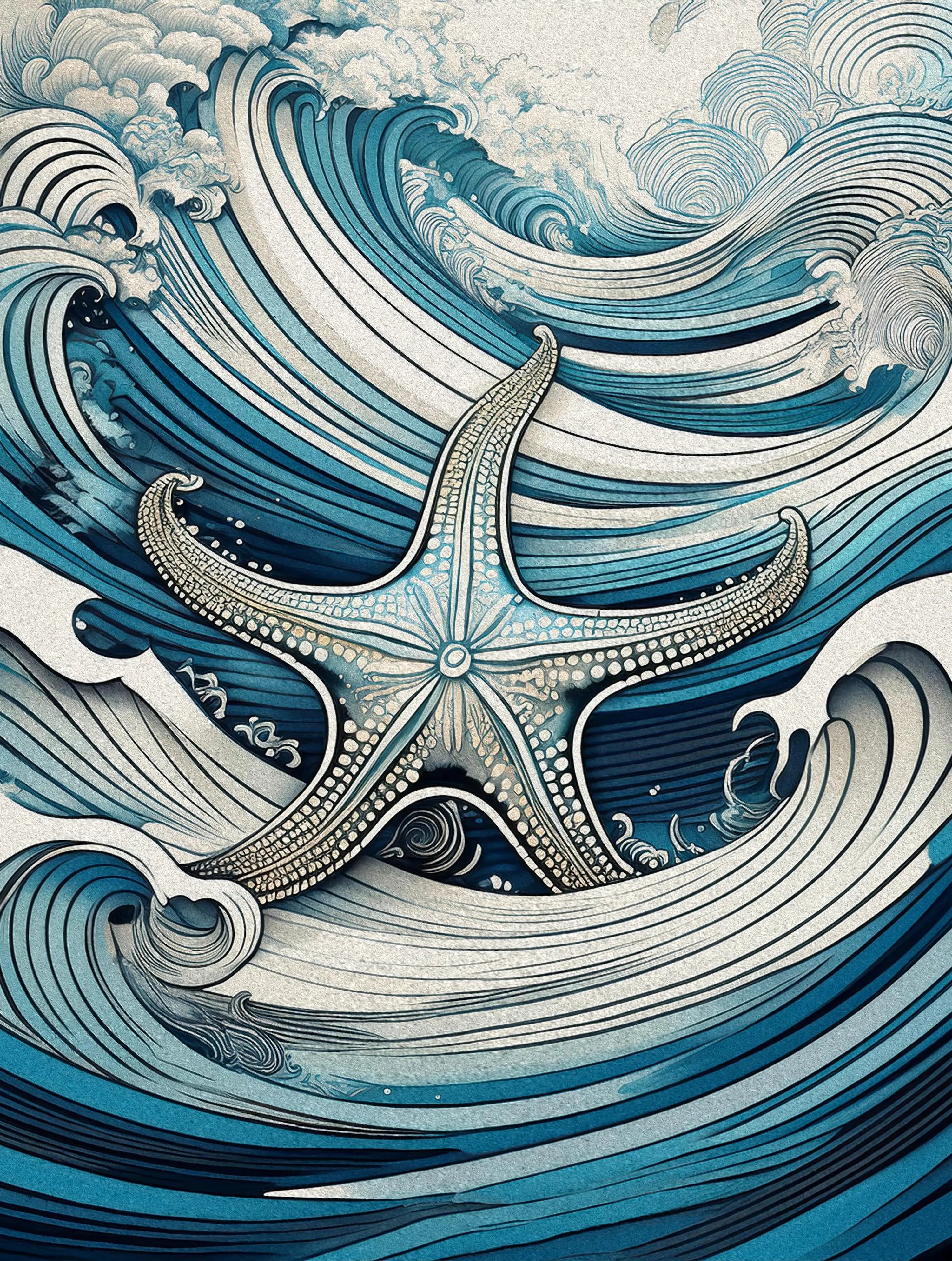 Starfish ocean wave art – blue starfish surrounded by curling waves, coastal Hokusai-style sea print