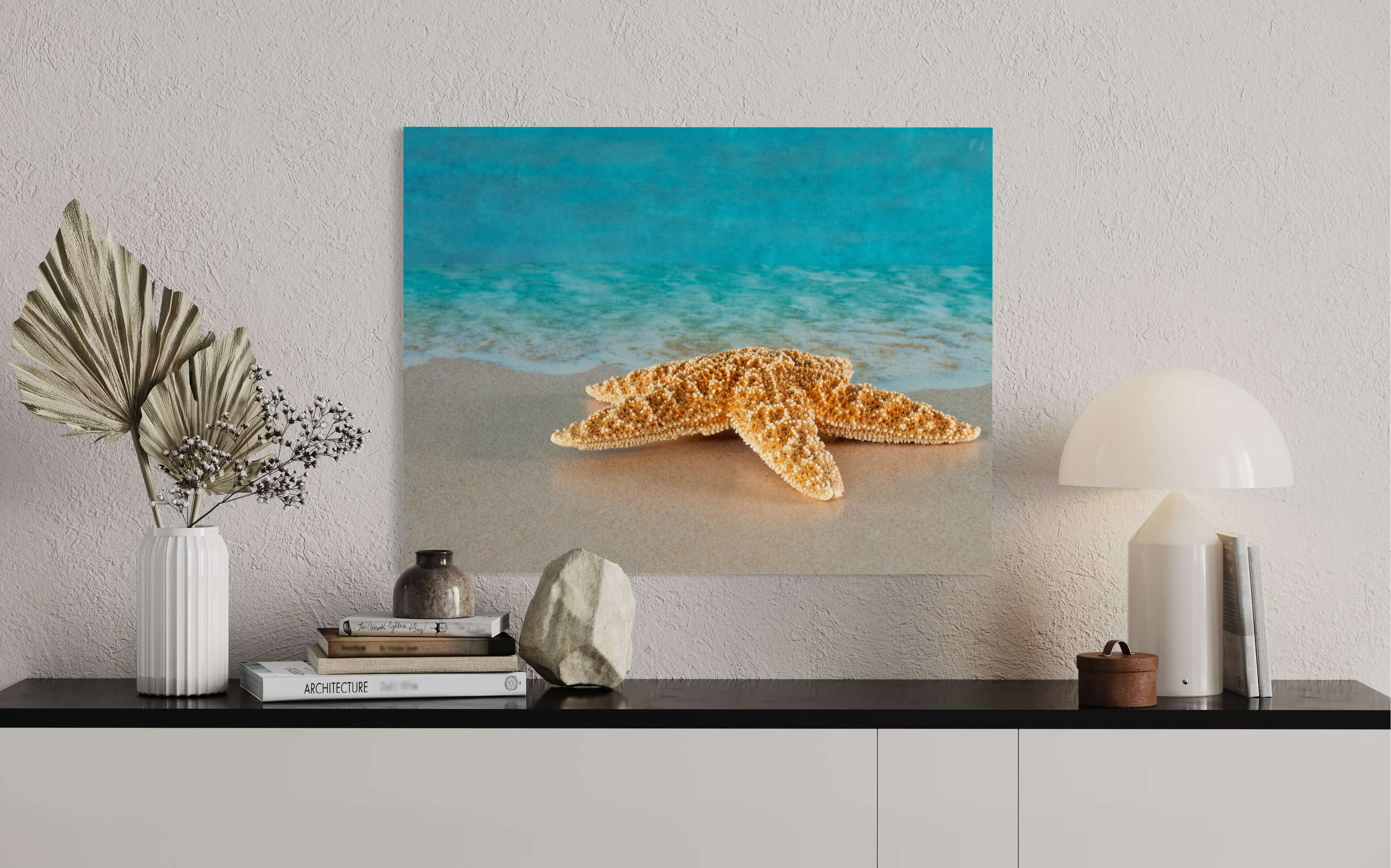 Starfish on Sandy Beach Glass Print | Coastal Ocean Wall Art - hallway wall decor