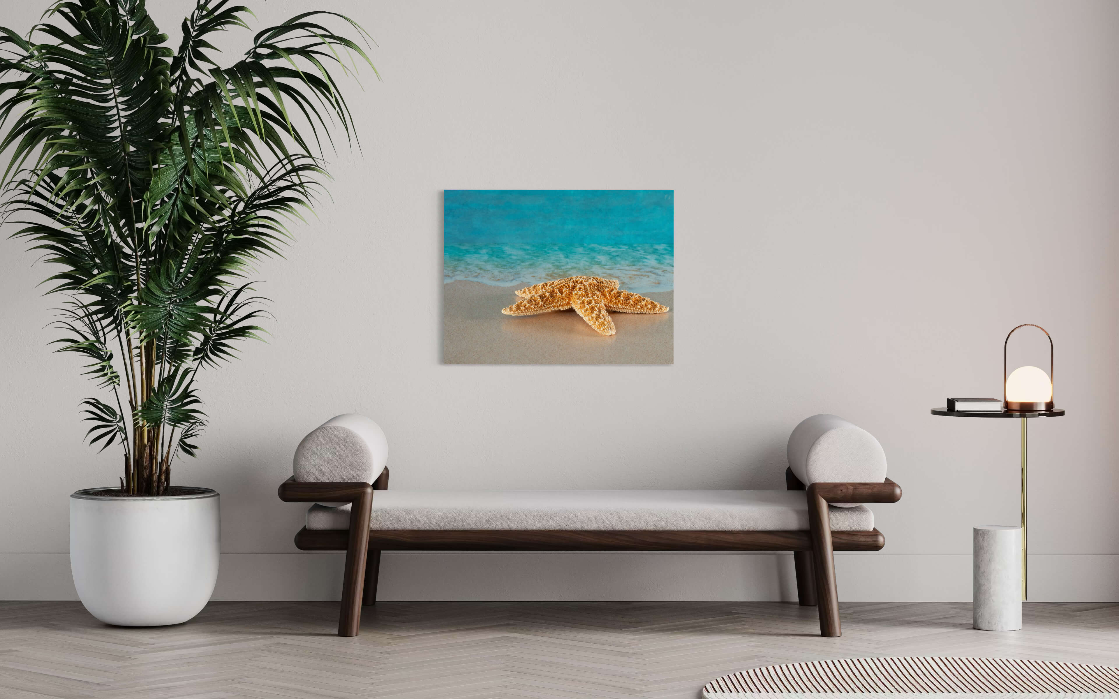 Starfish on Sandy Beach Glass Print | Coastal Ocean Wall Art - sitting area decor