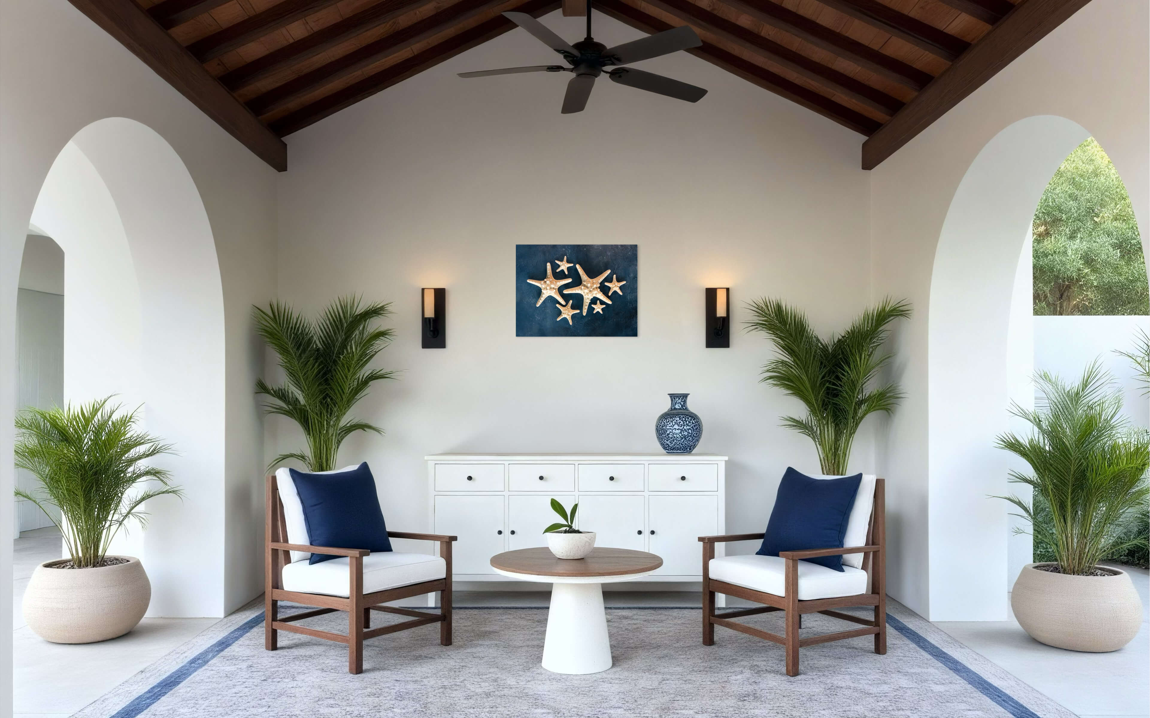Knobby starfish on blue backdrop, Echoes of the Sea glass print, perfect for coastal sunroom decor.