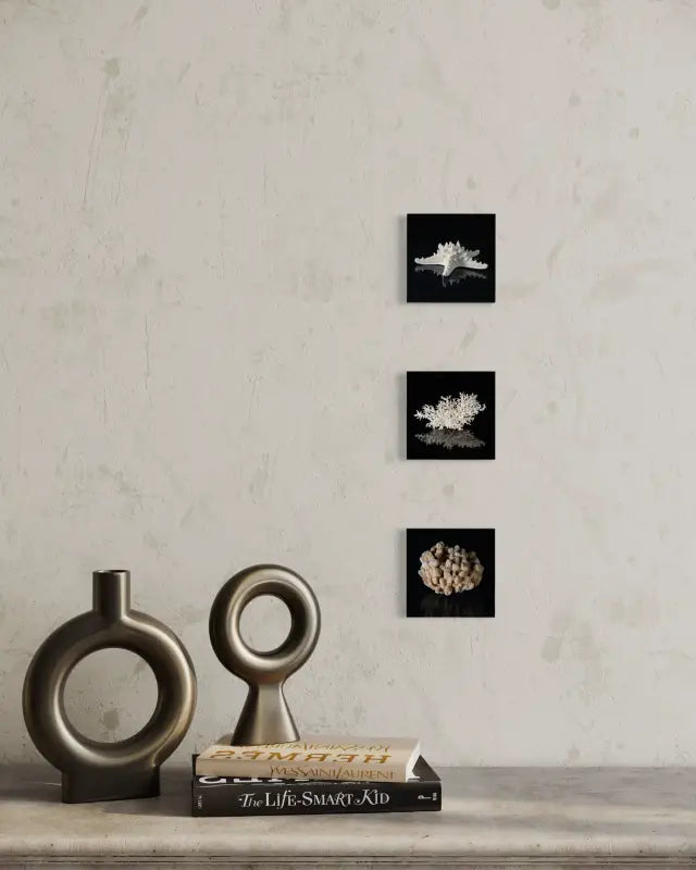 White starfish on black, Echoes of the Sea glass art shown with other mini prints.