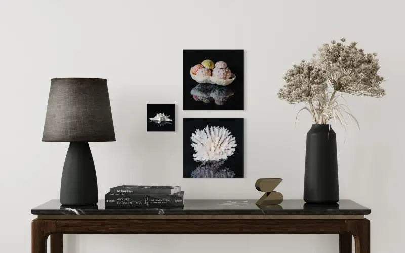 White starfish on black, Echoes of the Sea glass art in coastal home decor.