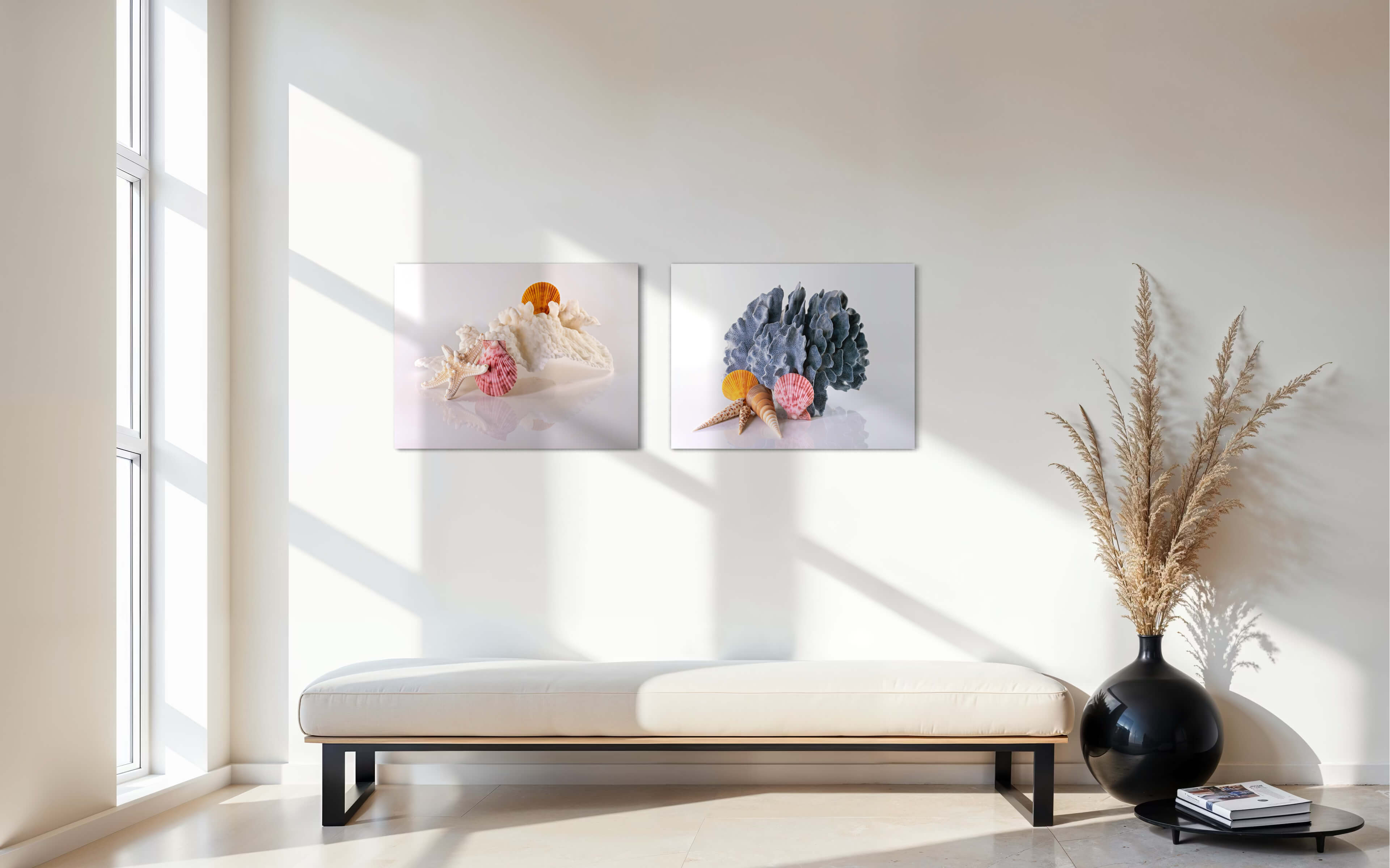 Eco-friendly coastal glass print featuring cabbage coral, starfish, and seashells-relaxing wall decor