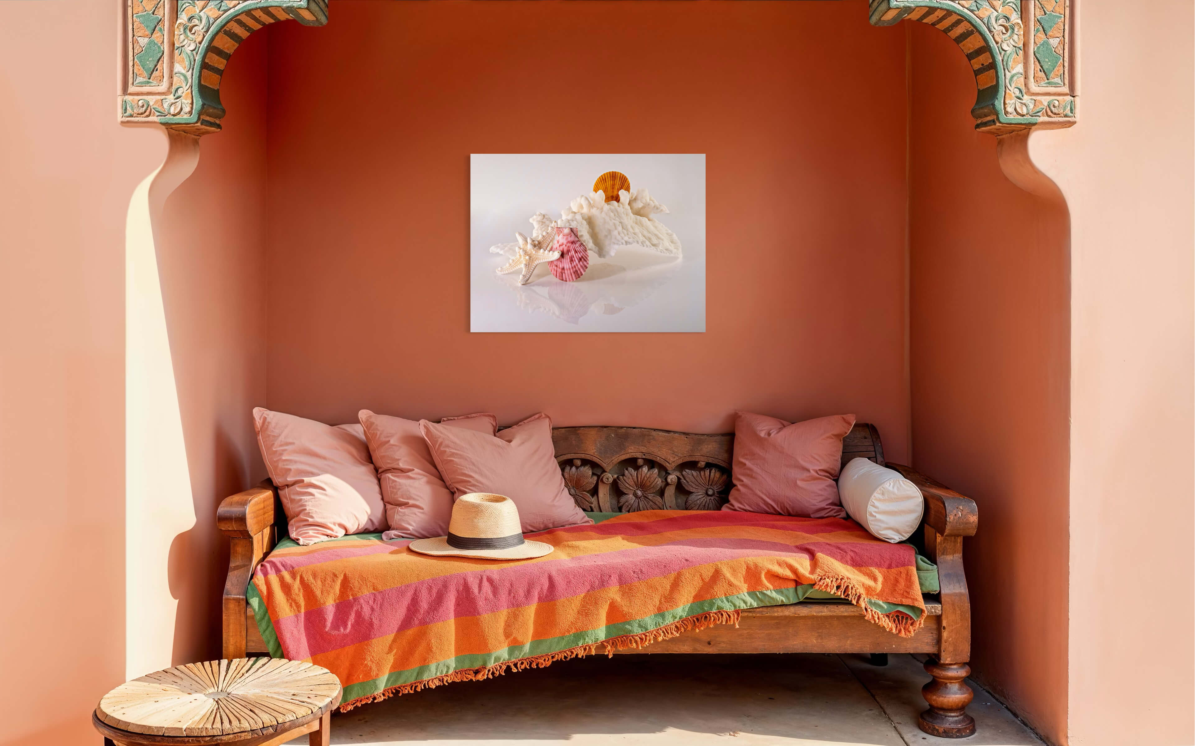 Eco-friendly coastal glass print featuring cabbage coral, starfish, and seashells-wall decor