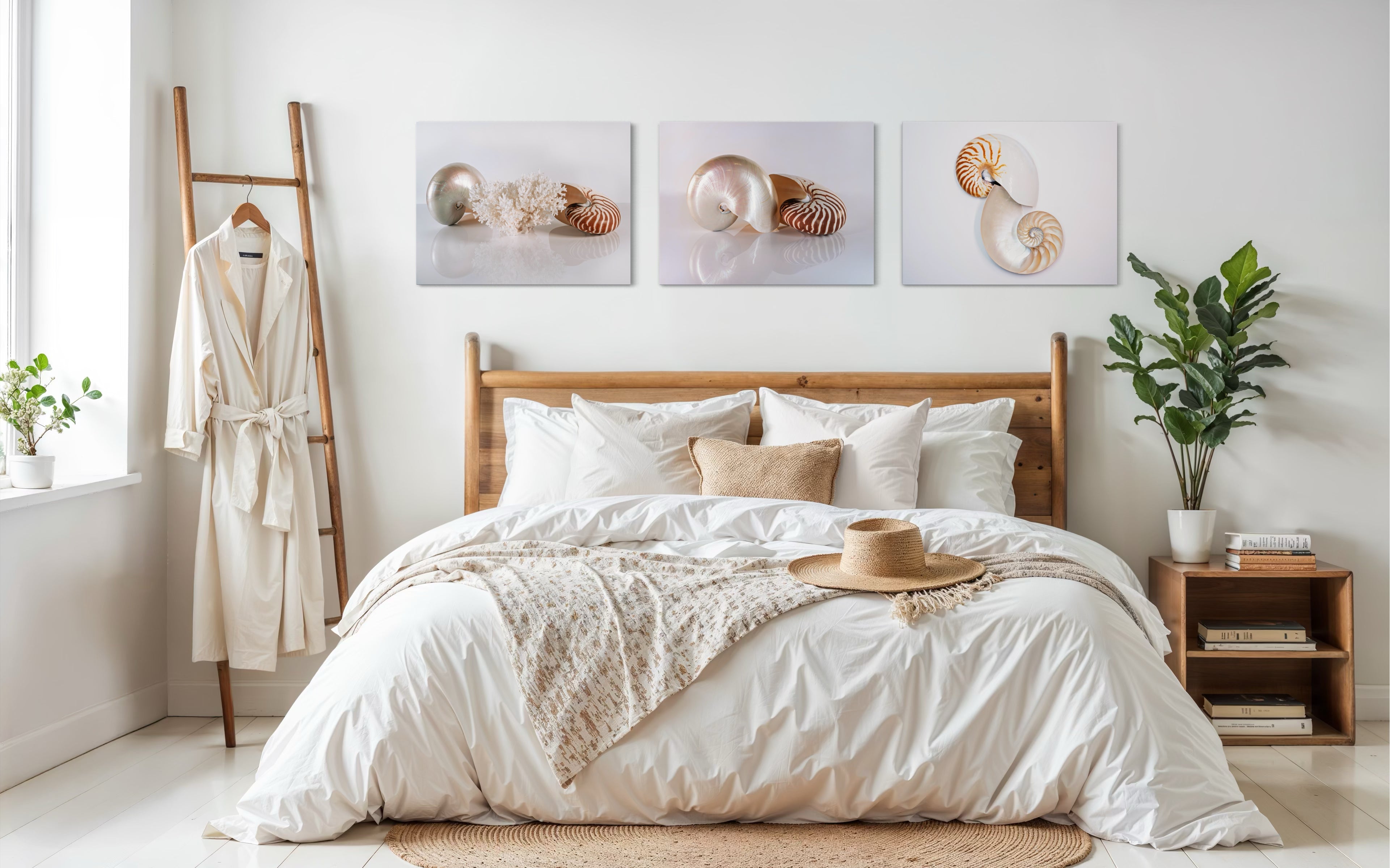 Nautilus Shell and Bird's Nest Coral Coastal Glass Print by Echoes of the Sea, coastal bedroom decor