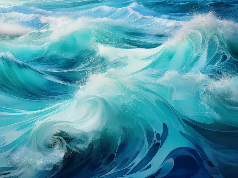 A glass print of abstract emerald and teal waves with white foam, Echoes of the Sea abstract series.