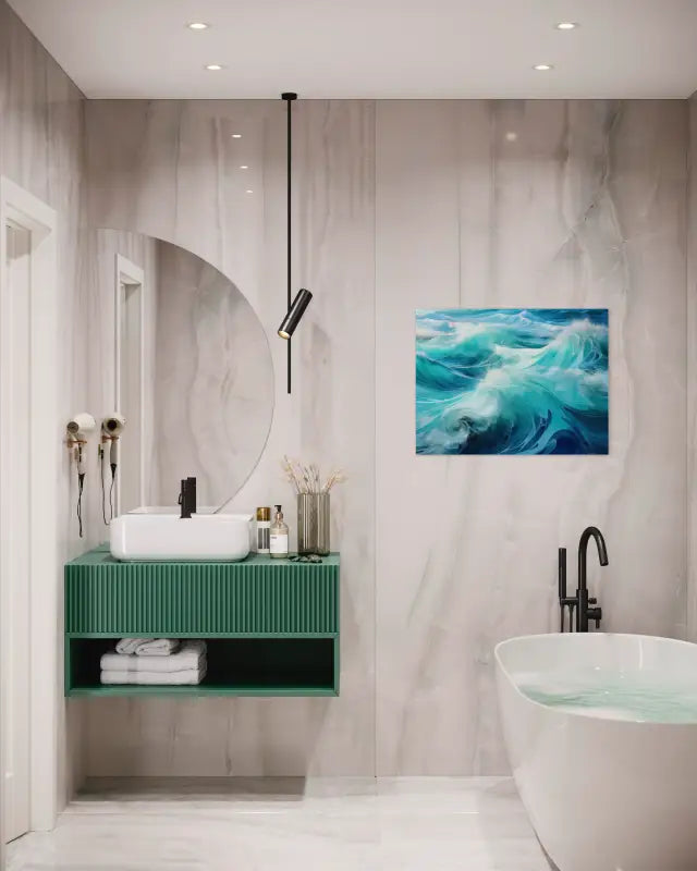 A glass print of abstract emerald and teal waves with white foam, Echoes of the Sea abstract series-bathroom decor