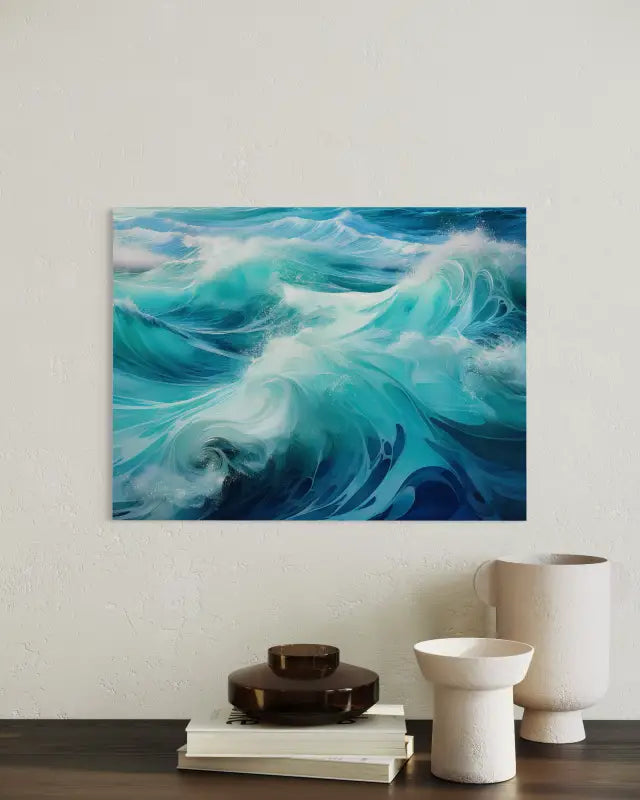 A glass print of abstract emerald and teal waves with white foam, Echoes of the Sea abstract series-modern decor