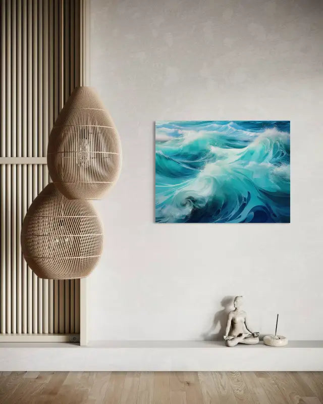 A glass print of abstract emerald and teal waves with white foam, Echoes of the Sea abstract series-serenity