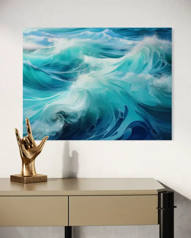 A glass print of abstract emerald and teal waves with white foam, Echoes of the Sea abstract series-displayed over desk.