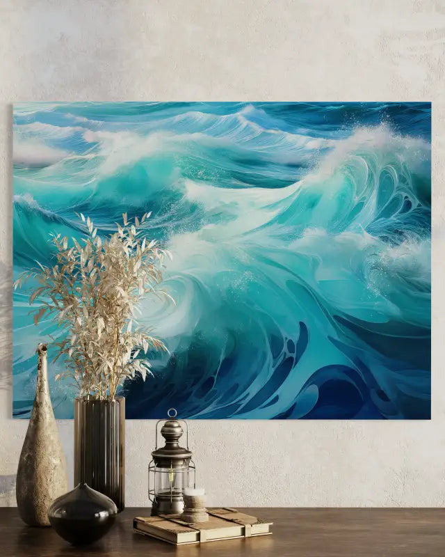 A glass print of abstract emerald and teal waves with white foam, Echoes of the Sea abstract series-wall decor