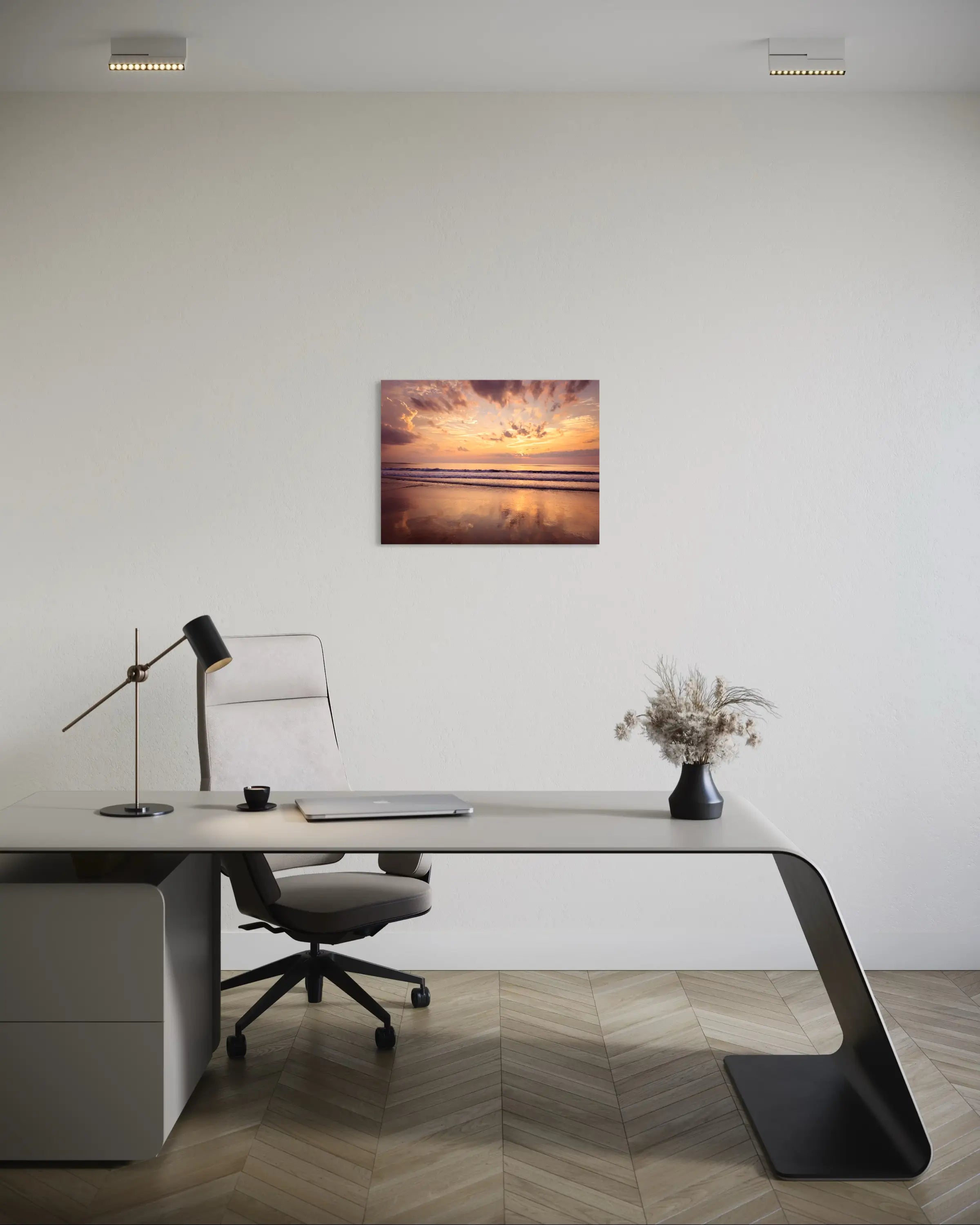 Viibrant coastal glass print featuring a sunrise on Corolla Beach in the Outer Banks, with golden light reflecting on the calm ocean waves and soft sand, office decor