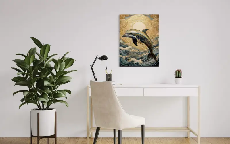 Glass print of a playful line art dolphin in golden sunset and Hokusai-style blue waves-coastal work area