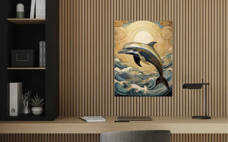 Glass print of a playful line art dolphin in golden sunset and Hokusai-style blue waves-elegant office decor