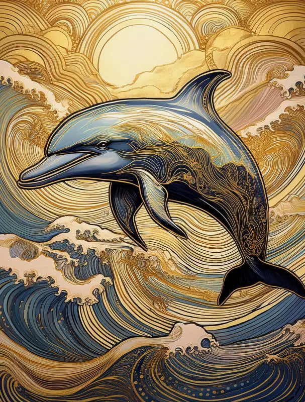 Glass print of a playful line art dolphin in golden sunset and Hokusai-style blue waves