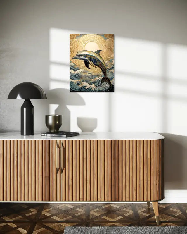 Glass print of a playful line art dolphin in golden sunset and Hokusai-style blue waves-wall decor