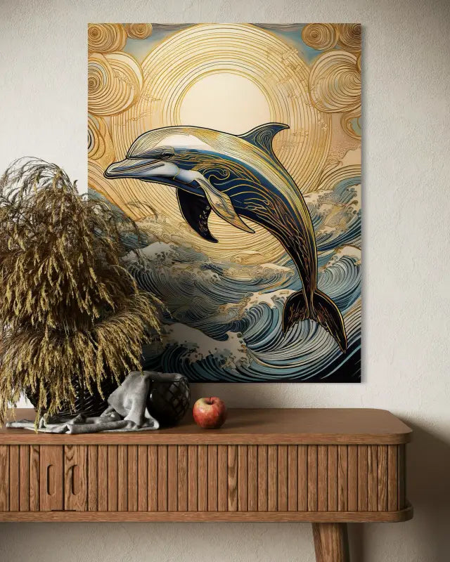 Glass print of a playful line art dolphin in golden sunset and Hokusai-style blue waves-above side table