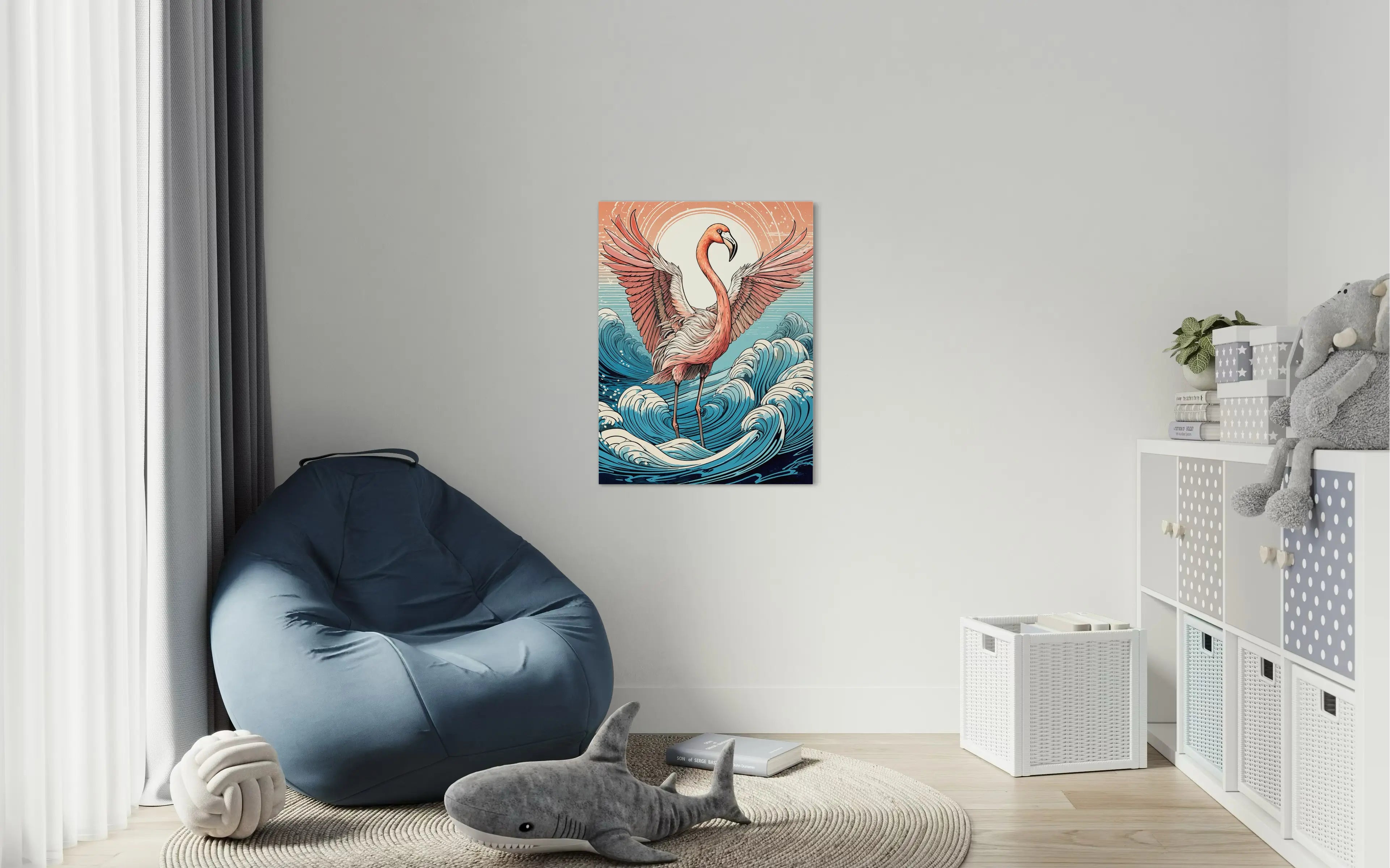 Pink flamingo with outstretched wings standing in ocean waves, whimsical coastal glass art, nursery descor