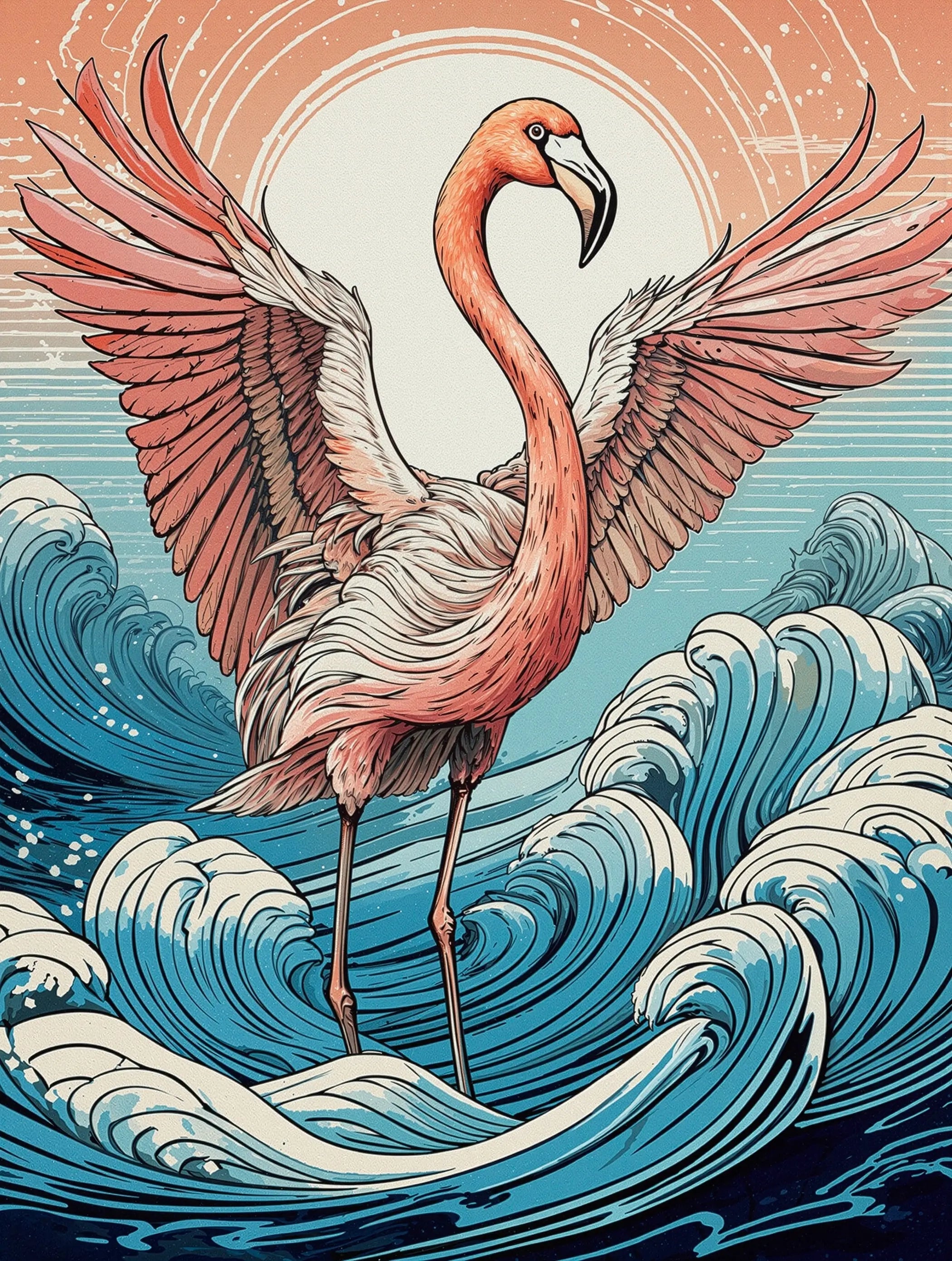 Pink flamingo with outstretched wings standing in ocean waves, whimsical coastal glass art by Echoes of the Sea