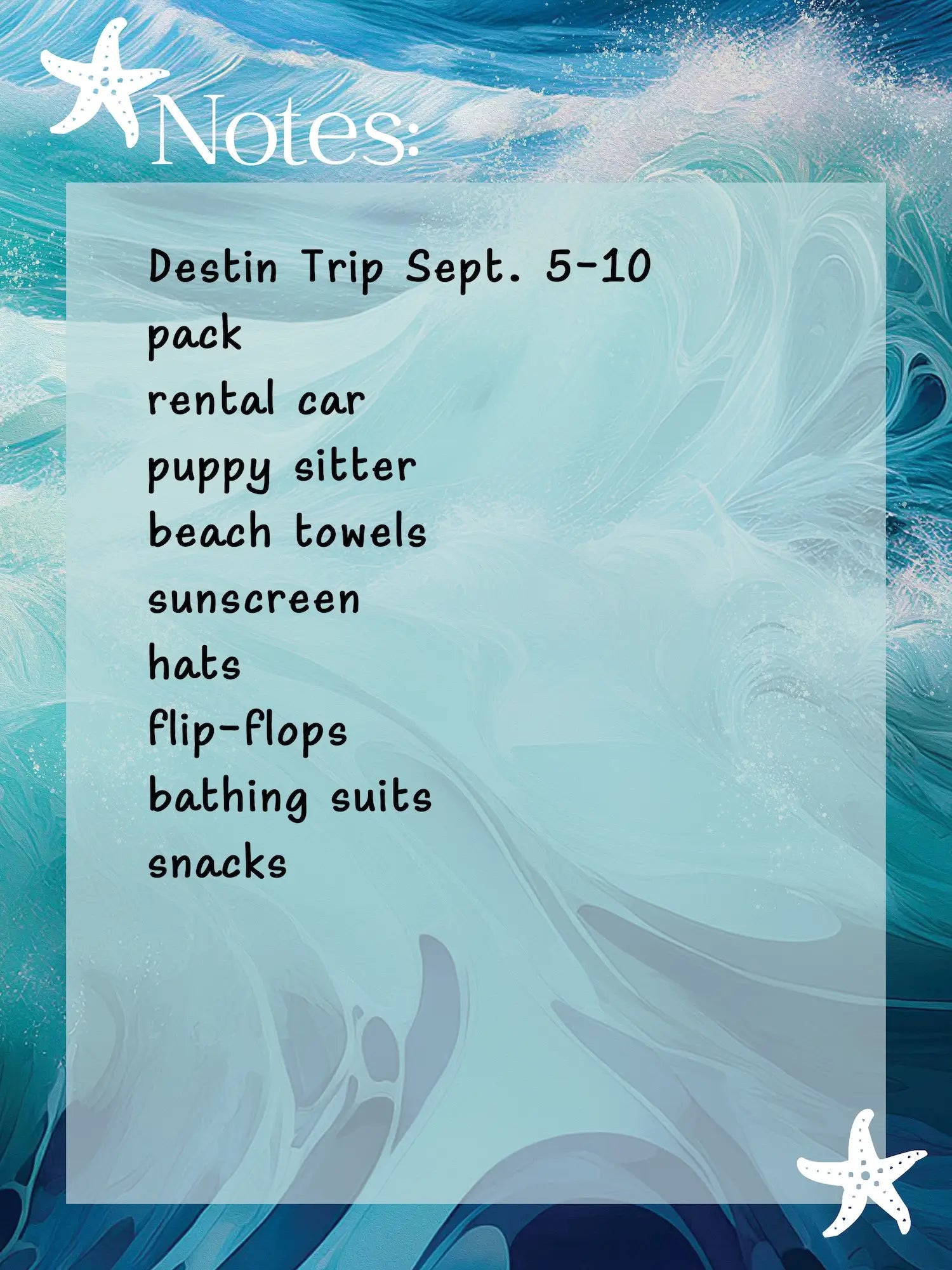 Reusable glass notes board with dynamic teal and blue ocean wave design, accented with a starfish, and a blank dry-erase surface for notes and lists, in use