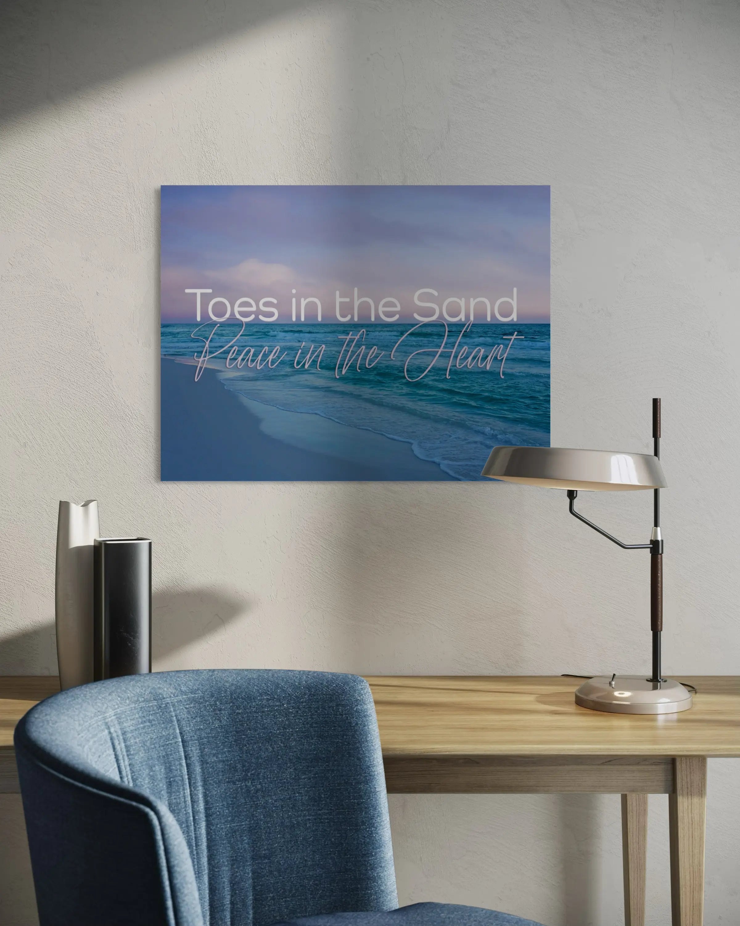 Christian coastal glass print – Toes in the Sand Peace in the Heart wall art displayed above a modern desk, blending inspirational scripture with coastal décor
