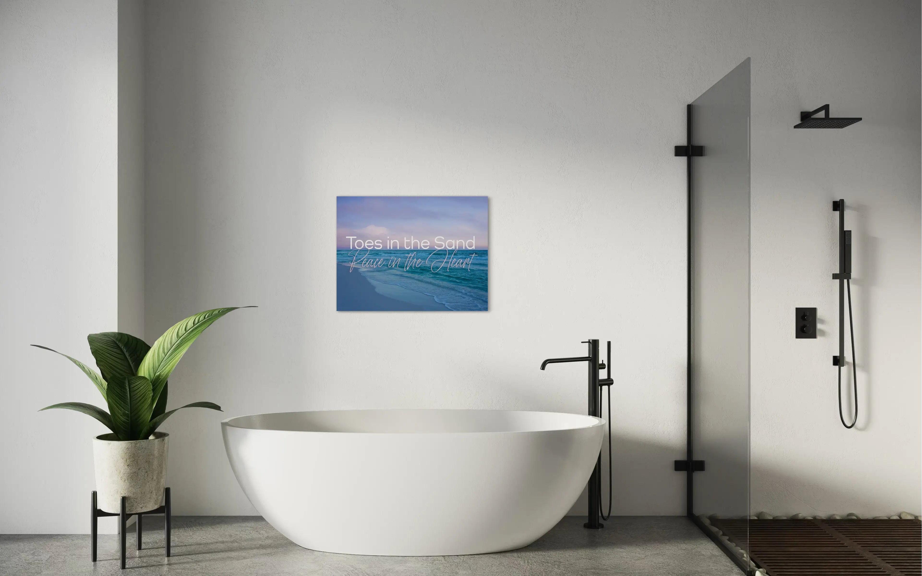 Toes in the Sand inspirational coastal glass print featuring Peace in the Heart quote, styled above soaking tub in a serene neutral coastal bathroom.